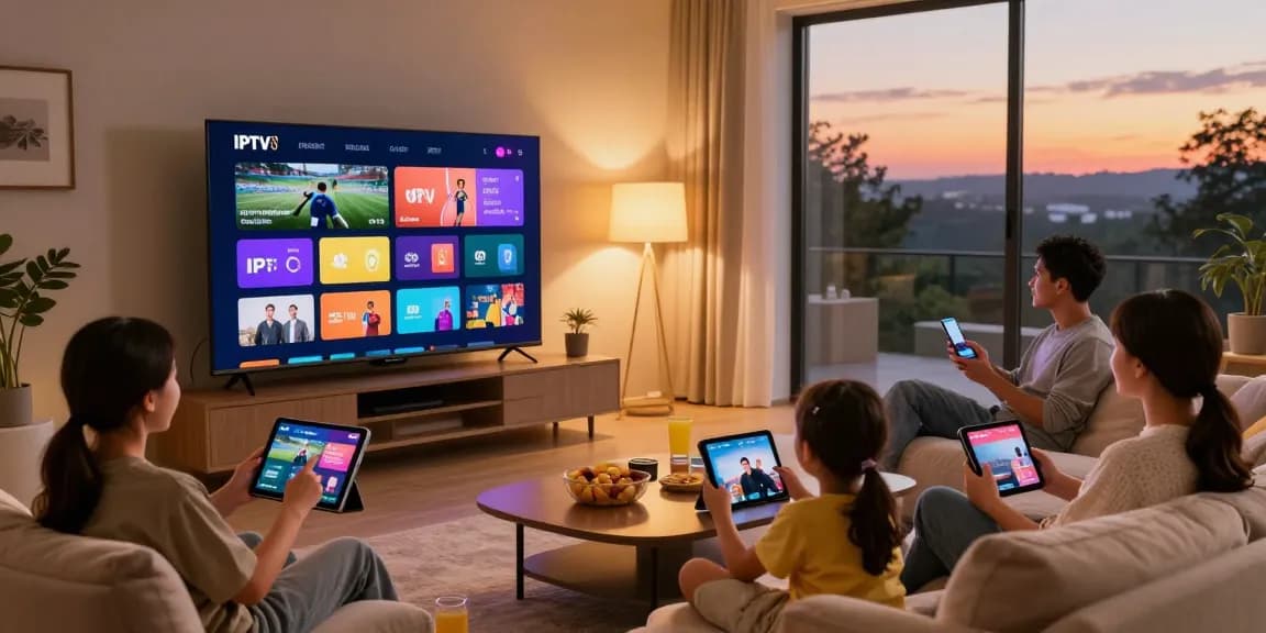 Familj som njuter av IPTV Nordic streamingtjänst i ett mysigt vardagsrum.