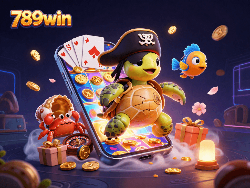 Engage with the world of 789win as cartoon characters navigate treasures and games in a vibrant casino scene.
