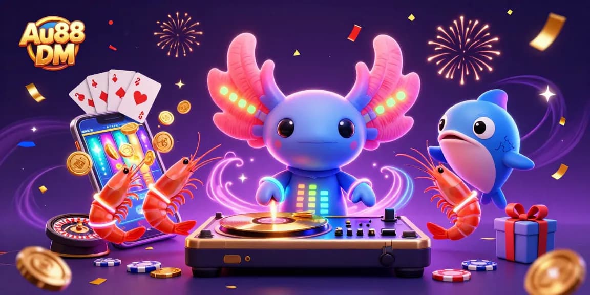 Win big at Au88 DM with vibrant casino fun featuring an axolotl DJ and playful sea creatures.