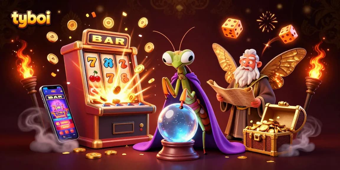 Experience tyboi's exciting casino games surrounded by fortune-teller mantis and magical moth librarians.