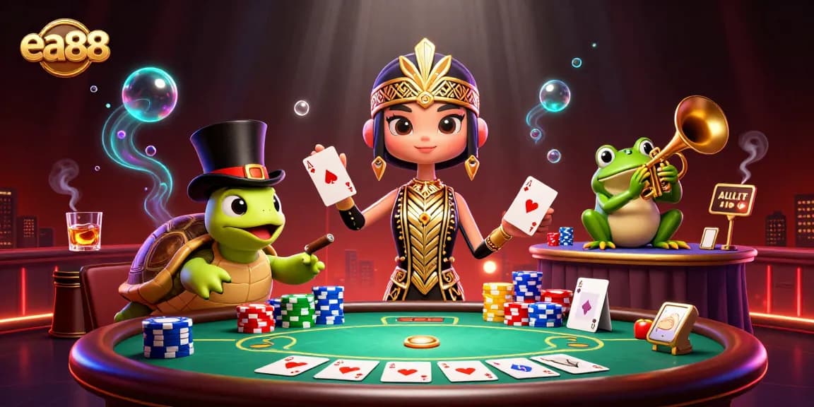 Engage in thrilling gameplay with ea88 at a vibrant speakeasy featuring a crane and top-hat turtle.