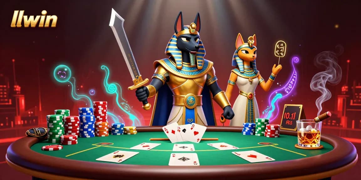 Experience exciting card play with llwin in a vibrant 3D casino scene featuring Anubis and Bastet.