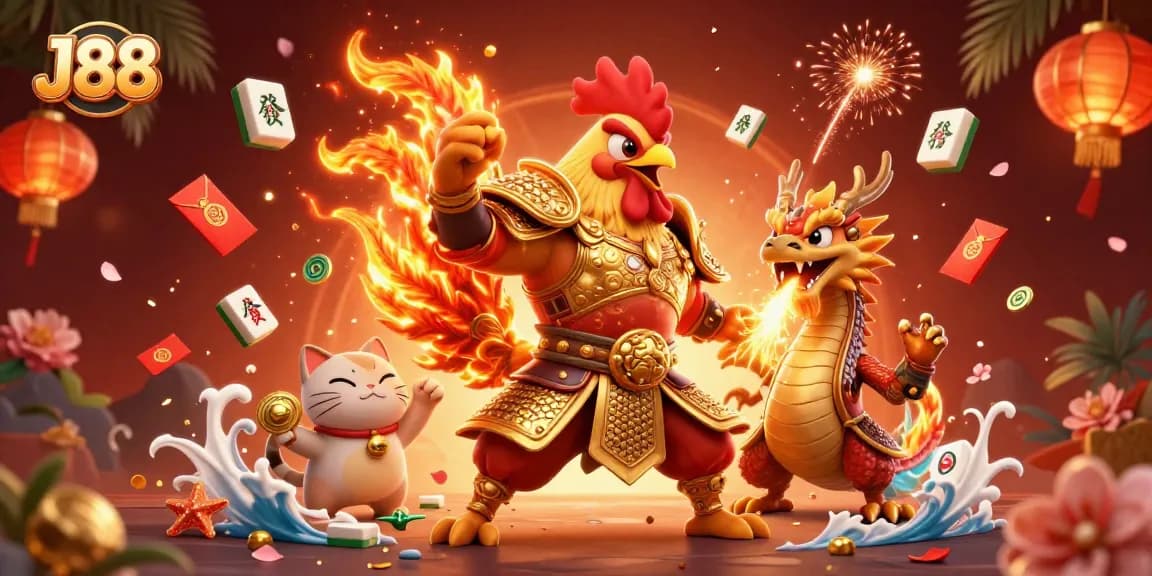 Engage in thrilling gameplay at J88, showcasing a dynamic 3D casino scene with vibrant characters and elements.