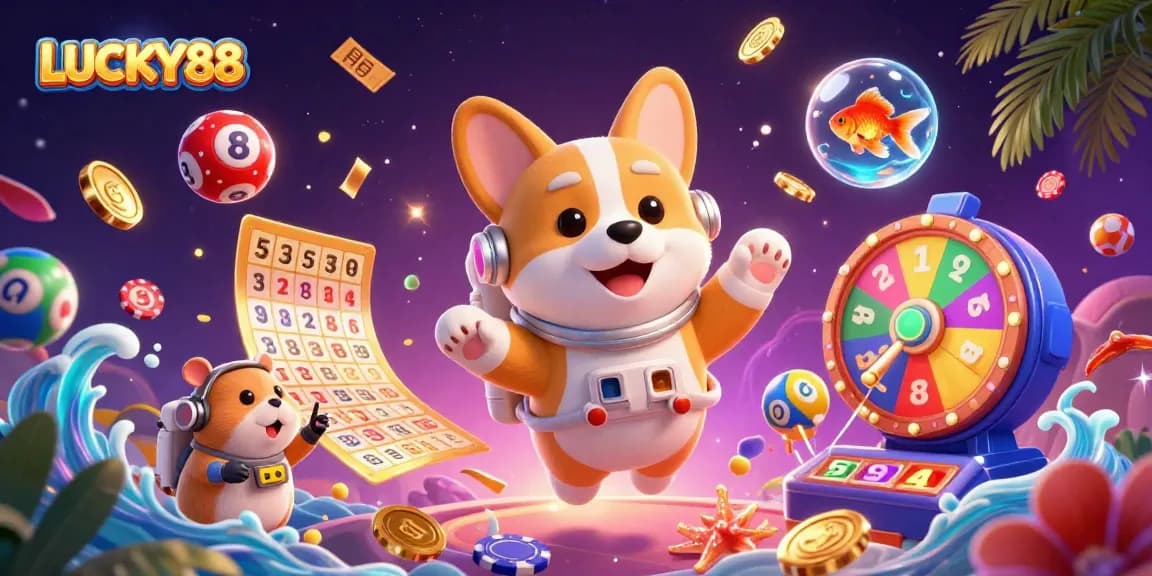 Spin and win big with LUCKY88 in this vibrant 3D casino-themed illustration showcasing immersive gaming elements.