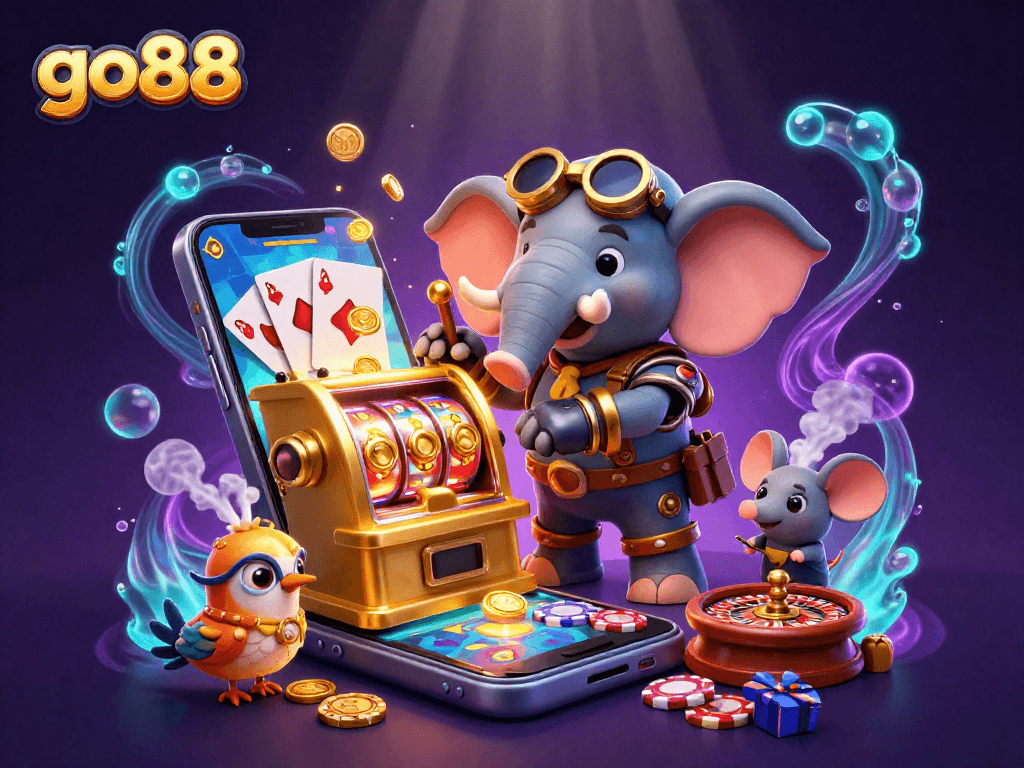 Engage with go88's vibrant steampunk casino scene showcasing a whimsical elephant engineer with dynamic gaming elements.