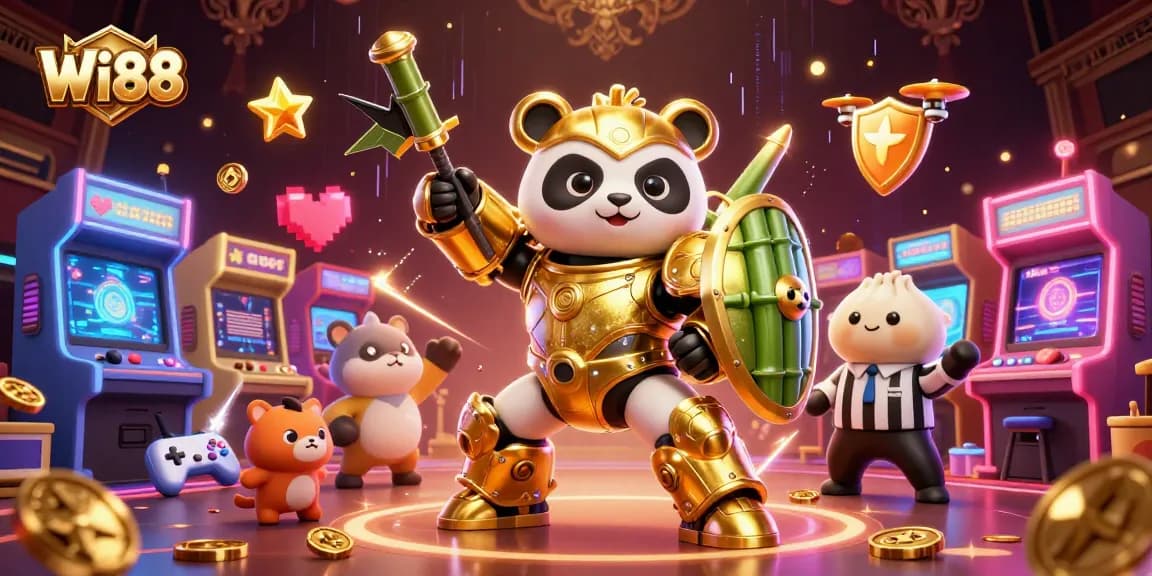 Wi88 showcases exciting gameplay with a golden panda and unique game elements in a vibrant casino setting.