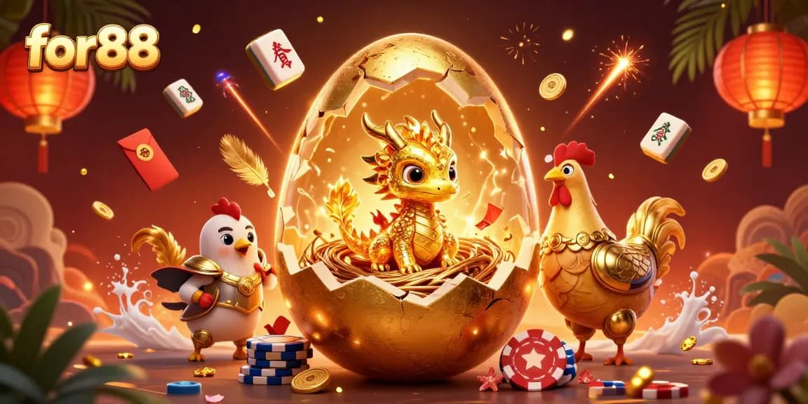 Experience the vibrant world of for88 with dazzling golden dragons and poker chips in a dynamic casino celebration.