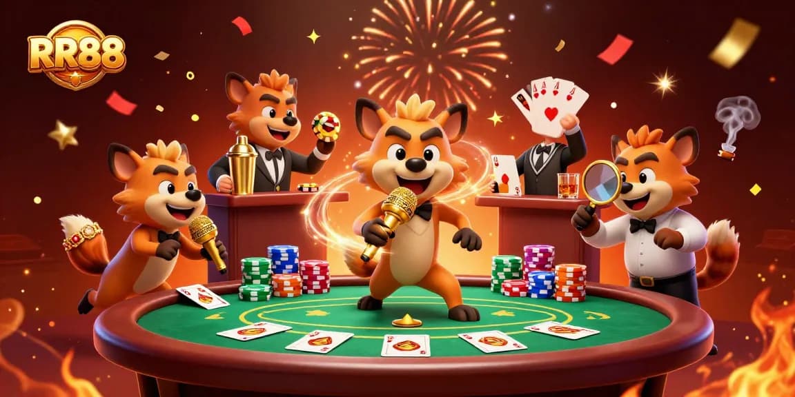 Experience the vibrant atmosphere of RR88's chaotic casino with lively hyenas, dynamic poker elements, and celebratory effects.