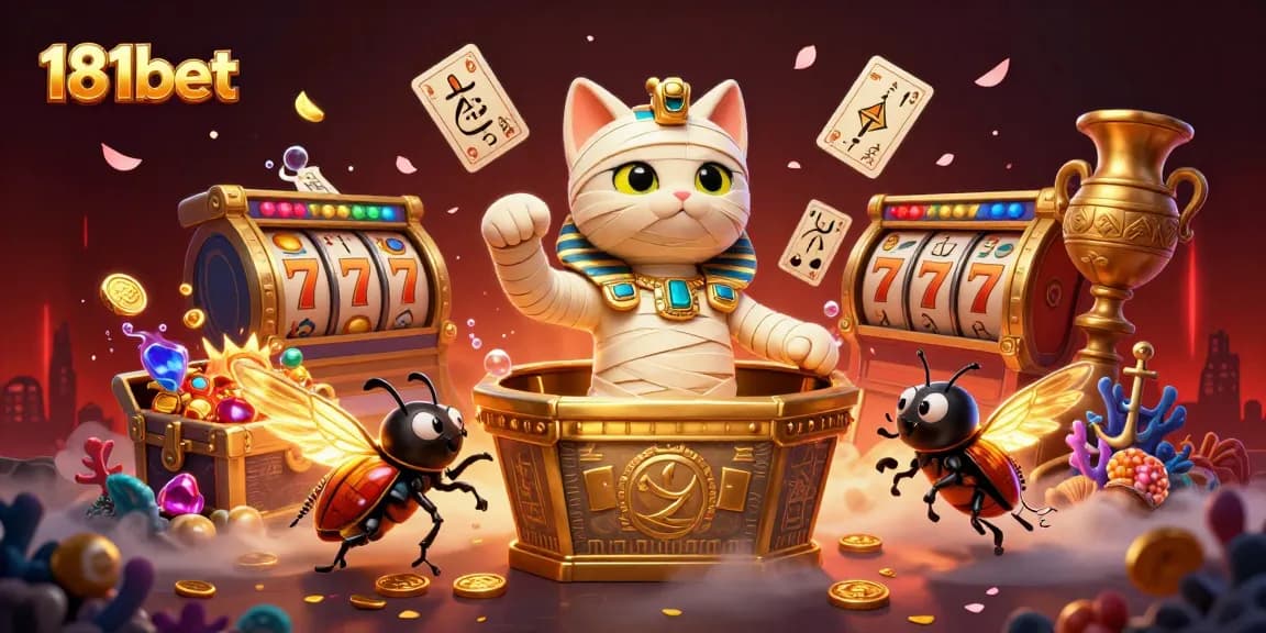 Experience thrills at 181bet with a lively casino scene featuring a cartoon mummy cat and scarab beetle