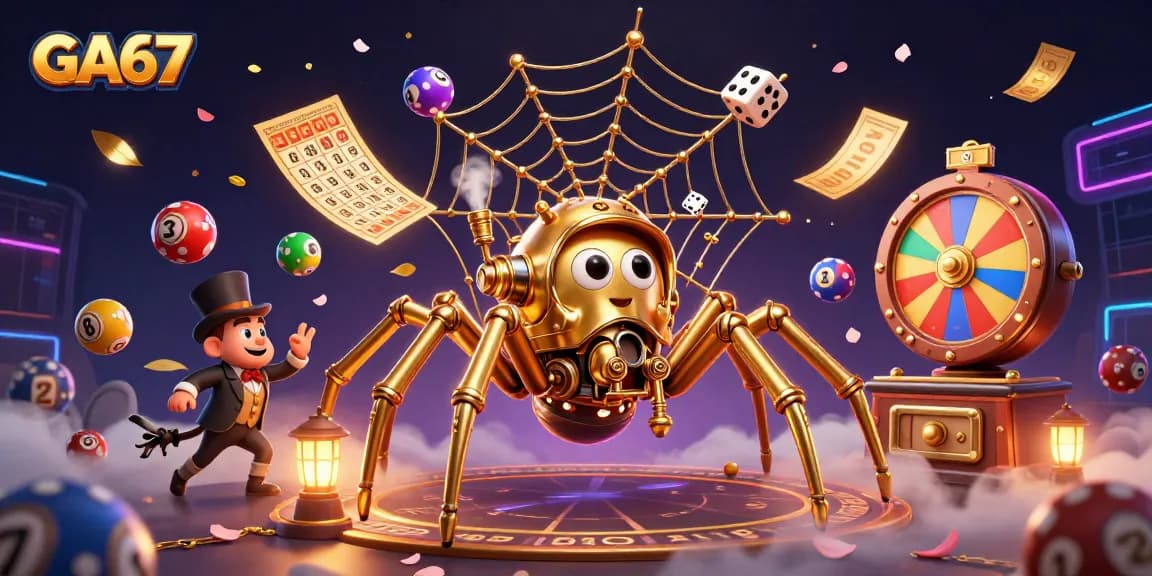 Experience GA67 with vibrant elements like golden chains and colorful lottery balls, showcasing dynamic gambling action.