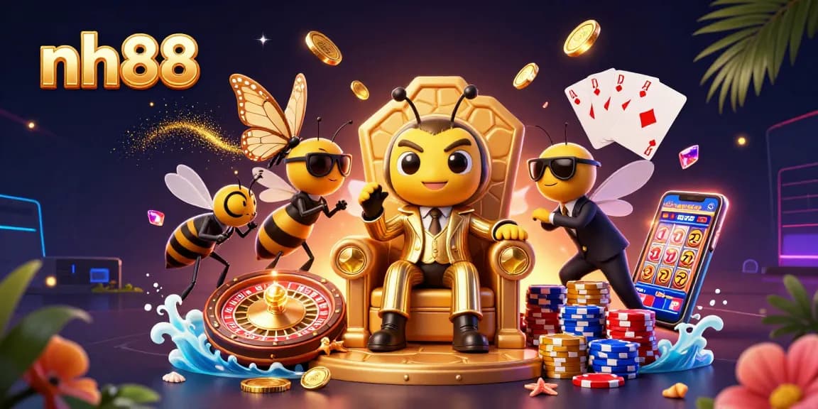 Witness the excitement of nh88 with a buzzing cartoon bumblebee mob boss and casino elements in a vibrant scene.