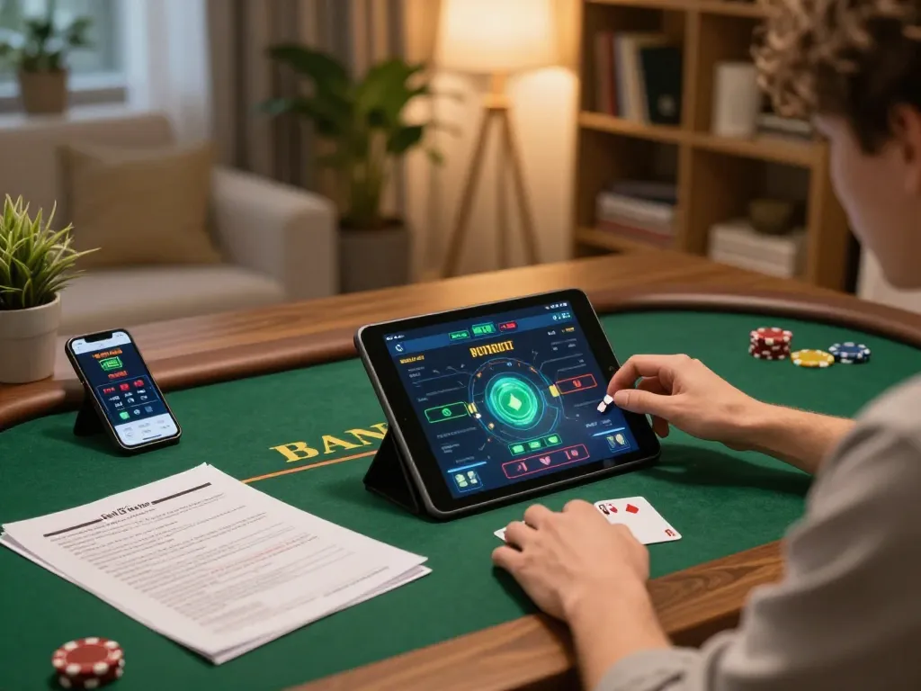 Player engaging with 9bet41 poker app on tablet, showcasing a cozy gaming setup with strategy notes.