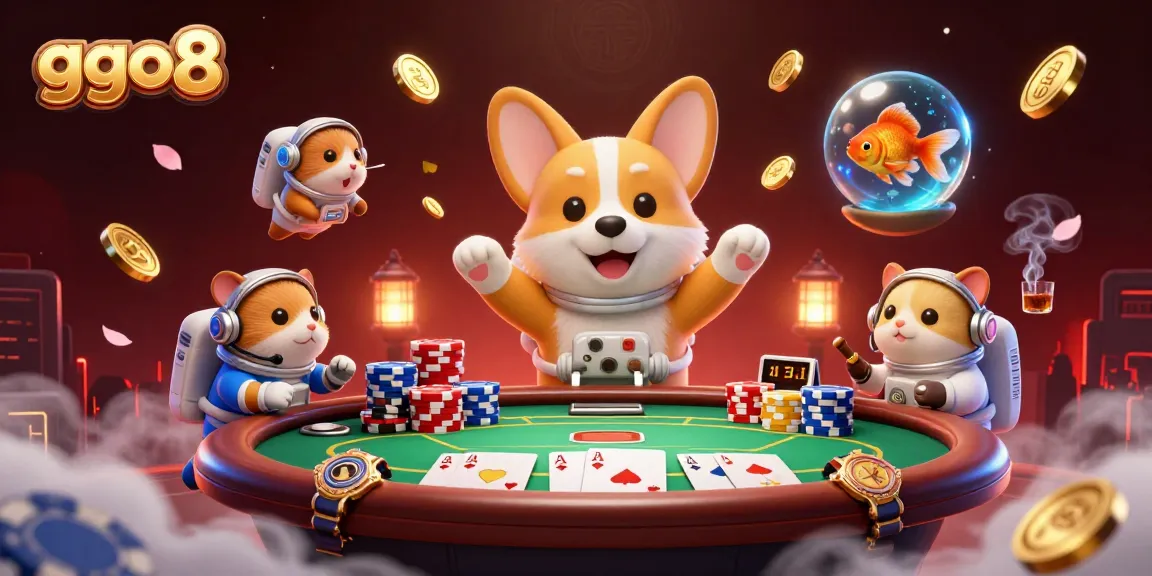 Experience ggo8 as a vibrant casino with a cartoon corgi floating amidst poker chips and golden coins.