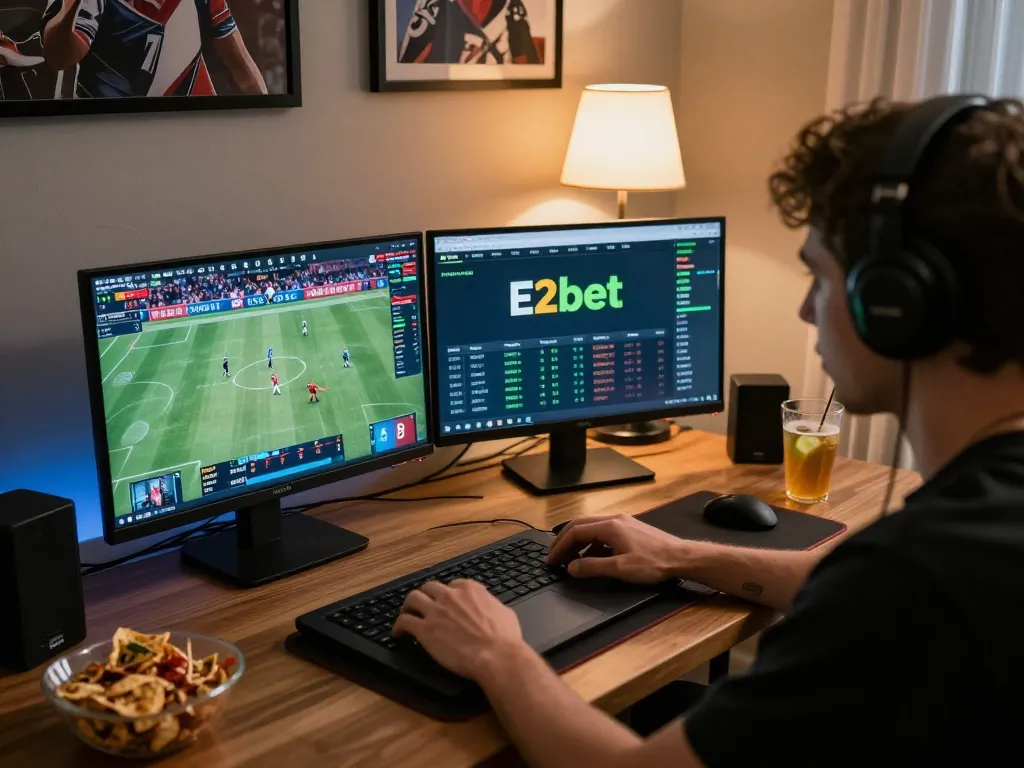 E2bet user placing live sports bets on a laptop in a cozy home office.