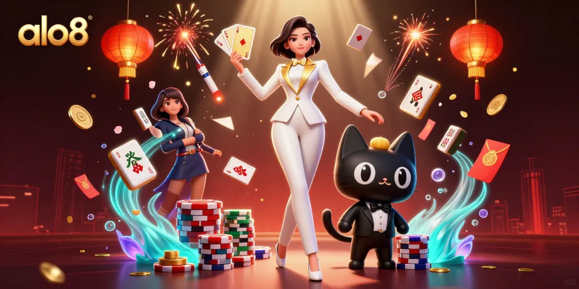 Alo8 casino scene with a glamorous dealer shuffling cards alongside a tuxedo cat, defined by vibrant gaming elements and festive decor.