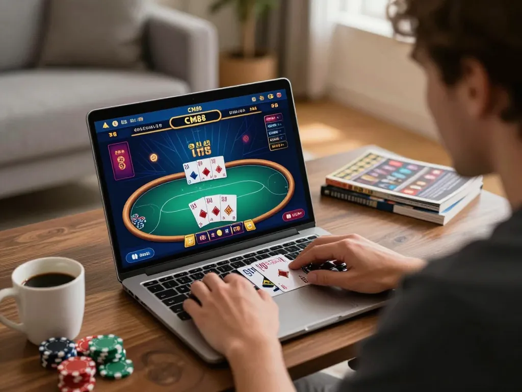 Player engaging with CM88 poker game on laptop in a cozy home setting