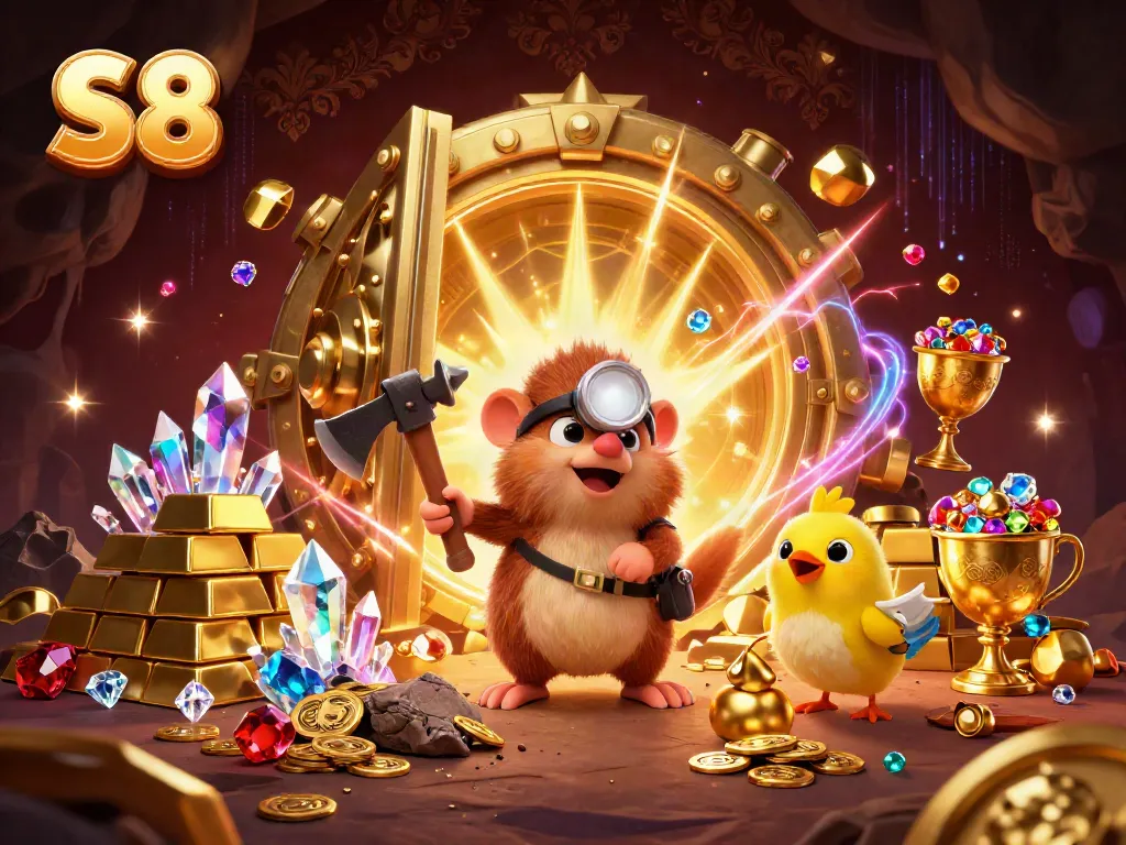 S8 casino gaming experience with a treasure hunter mole and canary in a vibrant treasure cave.