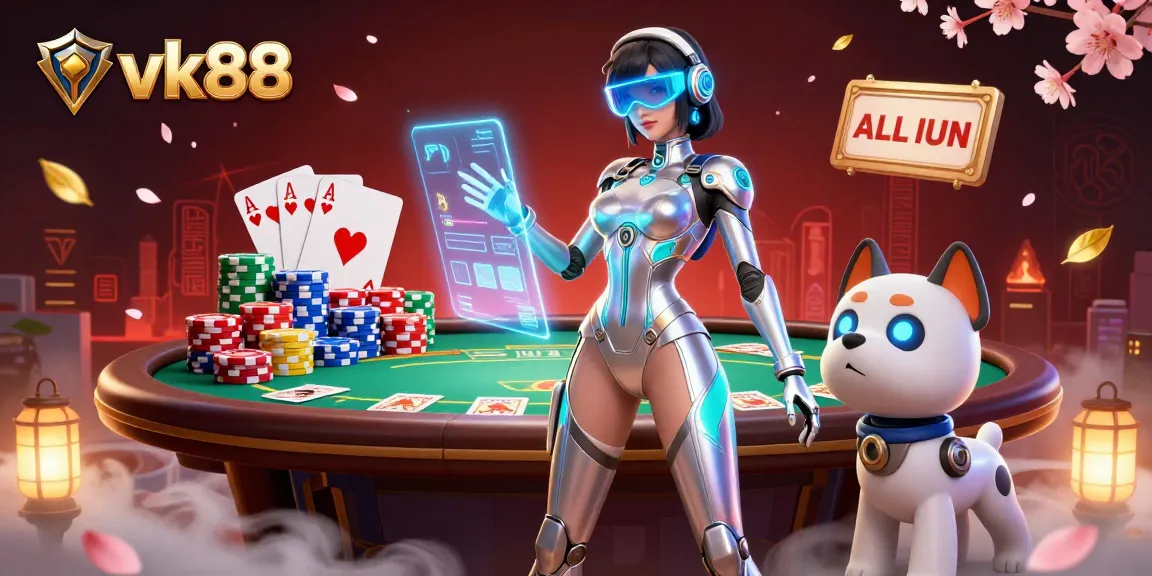 Engage with vk88 in an immersive casino experience featuring a futuristic character amidst a vibrant poker scene.
