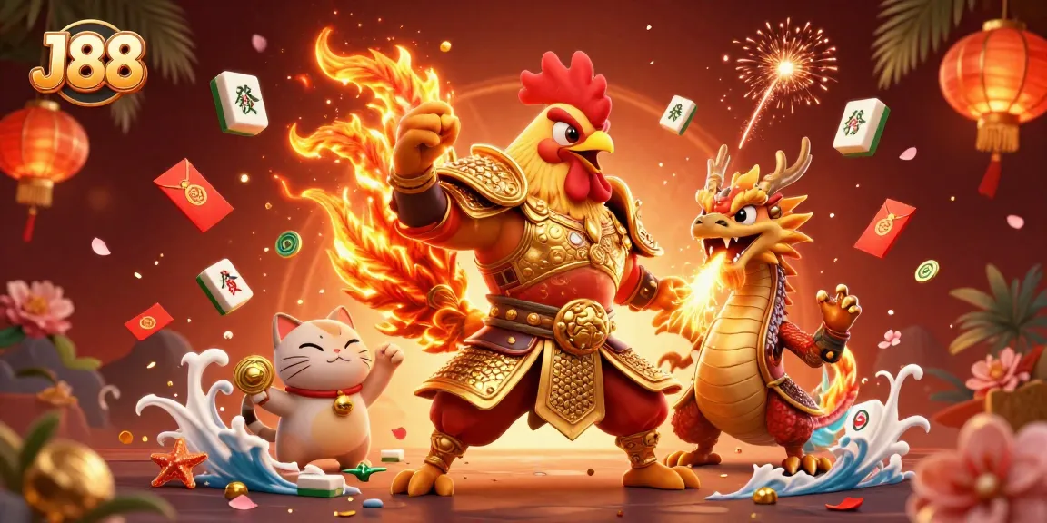 Engage in thrilling gameplay at J88, showcasing a dynamic 3D casino scene with vibrant characters and elements.