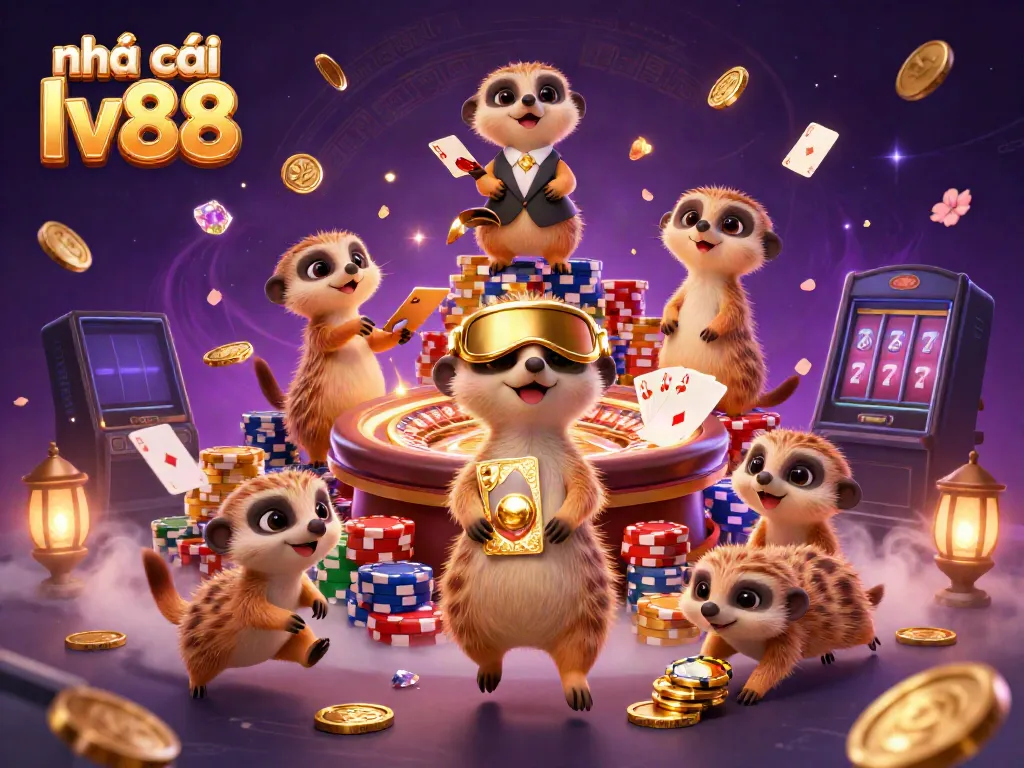 Experience thrilling action at nhà cái lv88 with meerkats managing a vibrant casino, surrounded by cascading coins and games.