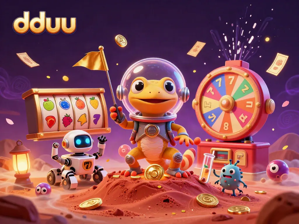 Experience dduu's exciting features with a Martian gecko discovering a golden casino in a thrilling 3D scene.