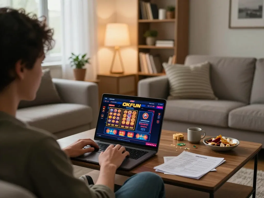 Engaging with online casino games on OKFUN platform from a cozy living room setup.