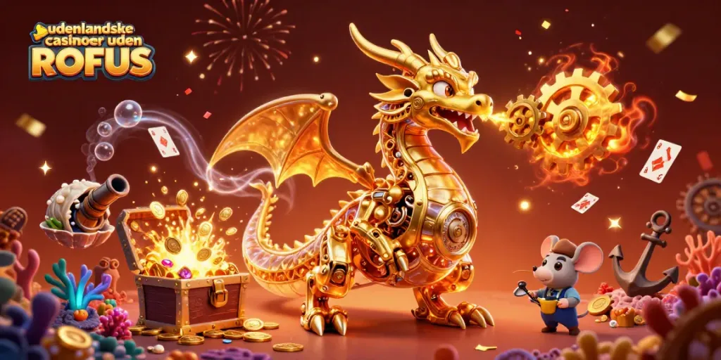 Engage with udenlandske casinoer uden ROFUS featuring a vibrant dragon and explosive treasure.