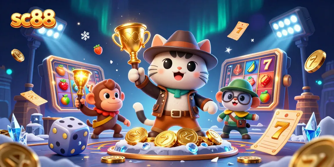 Engage with exciting sc88 slot games as a cat explorer discovers golden artifacts in a vibrant casino setting.