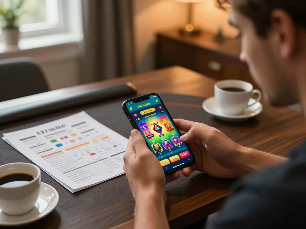 Player enjoying the Hit club app on their smartphone while engaged in online gaming at home.