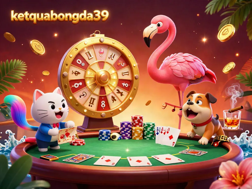 Experience excitement with ketquabongda39 as a flamingo host spins a giant prize wheel in a vibrant casino scene.