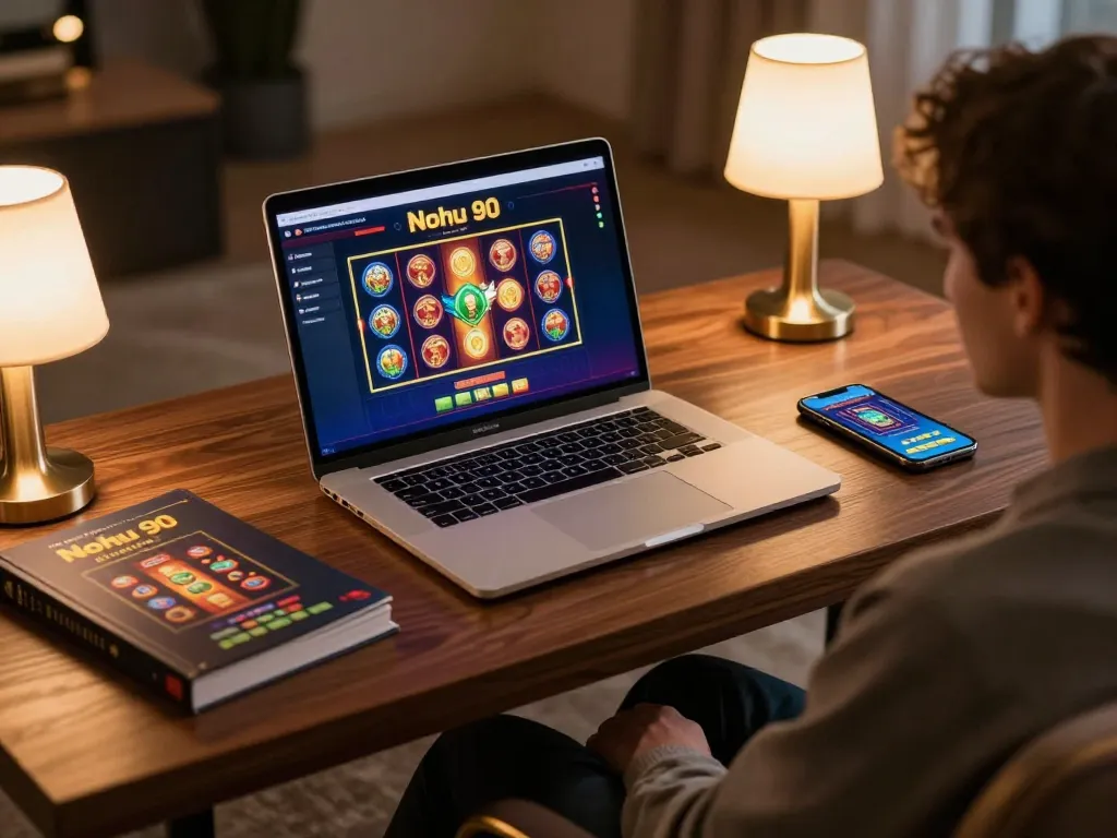 Nohu 90 gaming session on a modern laptop with strategic notes and casino app visible, showcasing online gambling excitement.