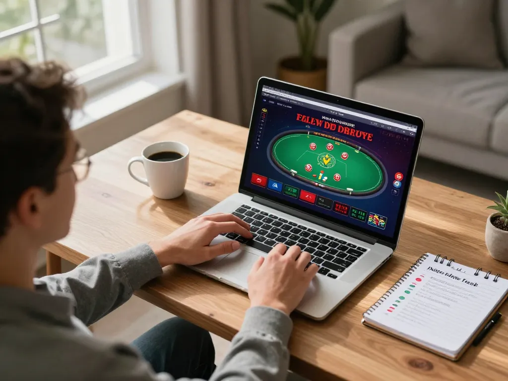 Playing poker on a laptop at home showcases the xx88bet online casino experience.