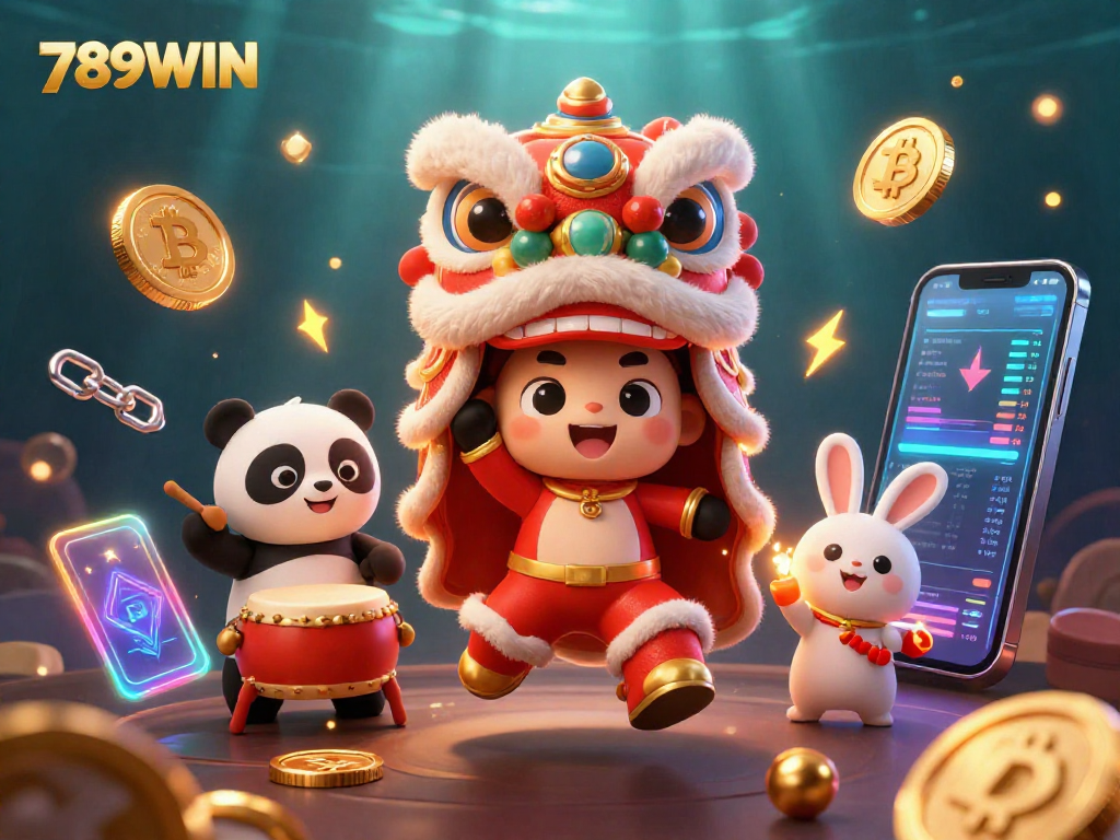 Join the 789WIN fun with lion dance and crypto themes in this vibrant illustration.