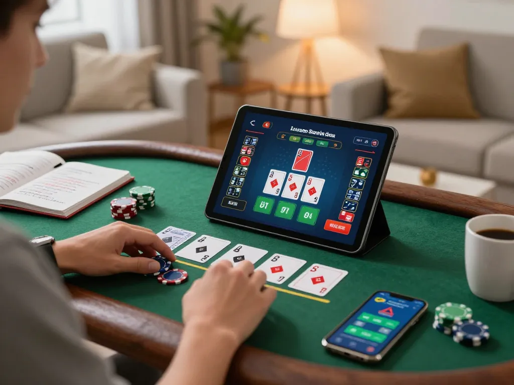 yo88 player engaging in online blackjack strategically, showcasing a dynamic home gaming atmosphere