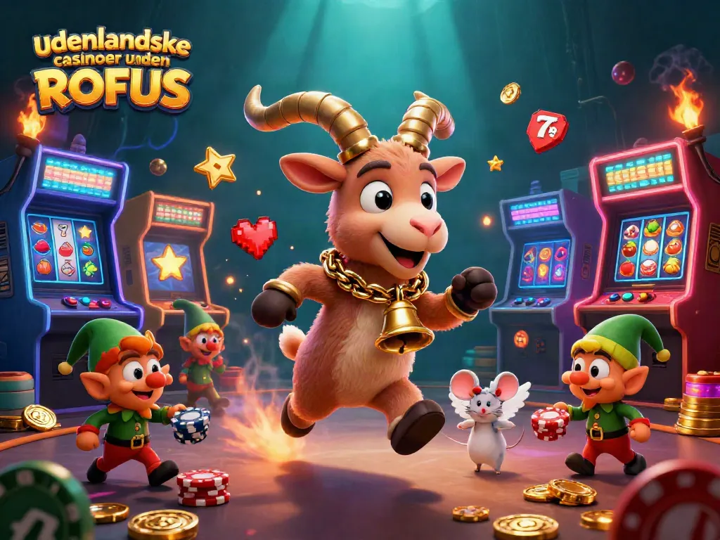 Engage with udenlandske casinoer uden ROFUS in a vibrant 3D casino scene, showcasing festive characters and gaming excitement.
