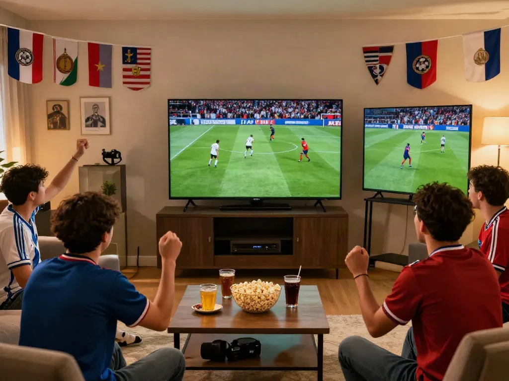 Fans enjoying a live football match via gavangtv.life in a lively home setting.