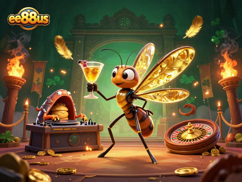 Experience thrilling gameplay at ee88us with a cartoon mosquito mascot and a trilobite DJ in a dynamic casino scene.