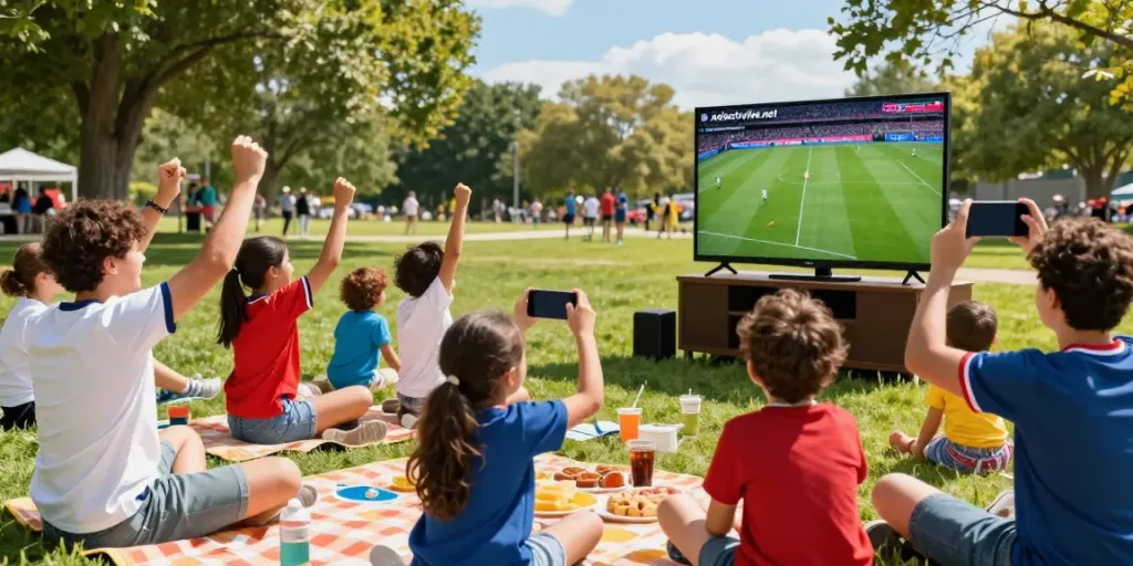 Soccer fans enjoying an outdoor viewing party while watching matches live on xoilactvlive.net.