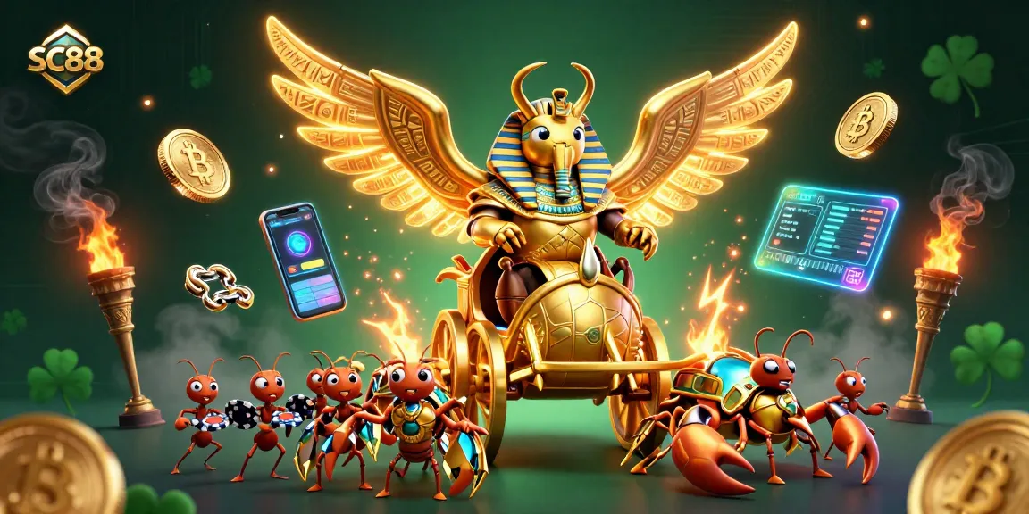 Experience SC88 with a vibrant 3D casino scene featuring a golden beetle, scorpions, and crypto elements.