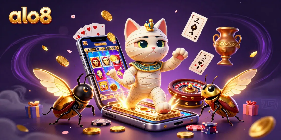 Join the action at ALO8, where a 3D cartoon mummy cat plays amidst colorful slots and casino excitement.