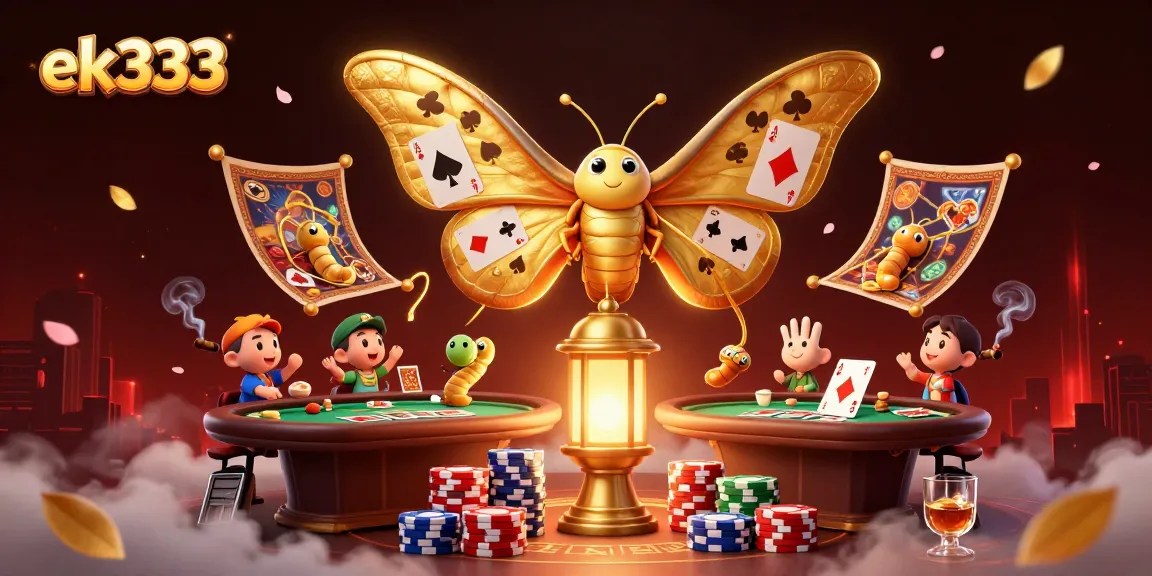 Spin the reels with ek333, featuring a vibrant illustration of a golden-winged moth and poker elements.
