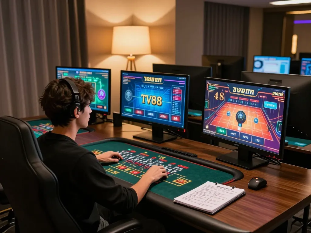 Engaging gameplay at TV88 online casino with a player using multiple screens and a notebook