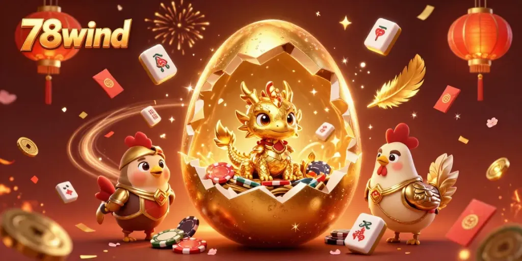 Experience thrilling moments at 78wind with this dynamic golden dragon and poker chip illustration.