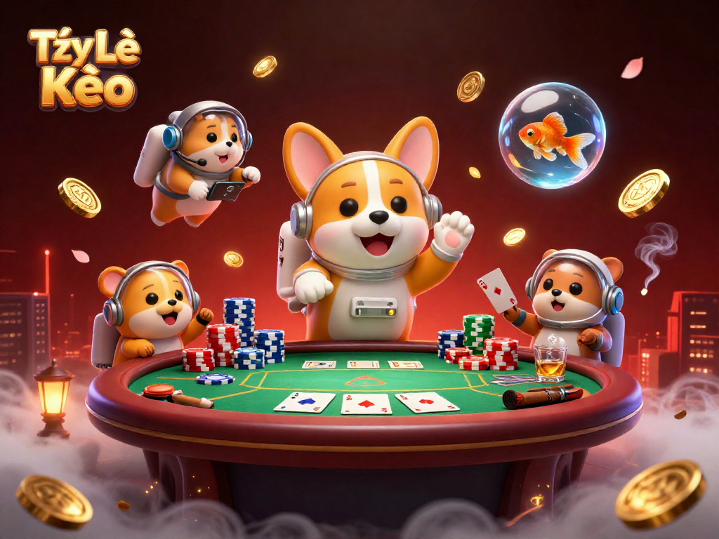 Engage with the dynamic visual of Tỷ Lệ Kèo in a vibrant casino atmosphere featuring an astronaut corgi.