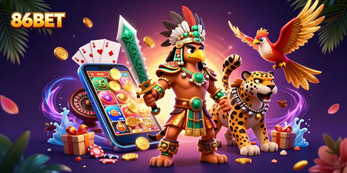 Engage with 86BET's gaming excitement featuring vibrant slot games, cash rewards, and Aztec warriors.