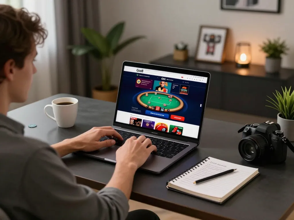 Player using Go8 online casino on a laptop, highlighting the modern home gaming experience.
