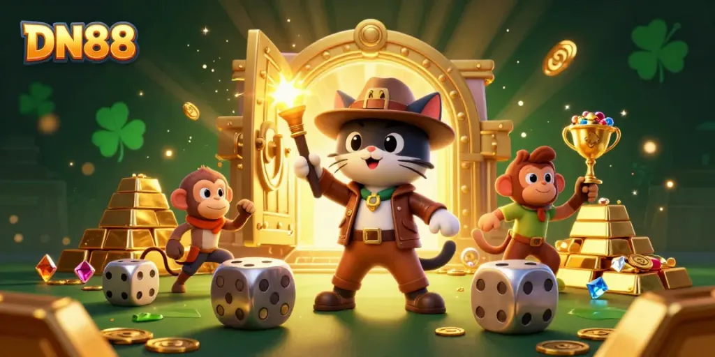 Experience the thrill of DN88 as a cartoon explorer uncovers treasures amidst risks in this captivating casino-themed scene.