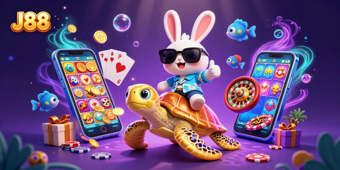 J88's lucky rabbit and golden turtle celebrate winning with vibrant casino elements in a playful underwater scene.