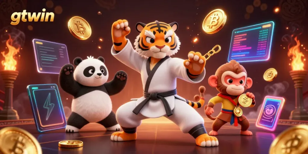 Experience exciting gaming action with GTWIN as the tiger master and panda disciple engage in a vibrant casino scene.