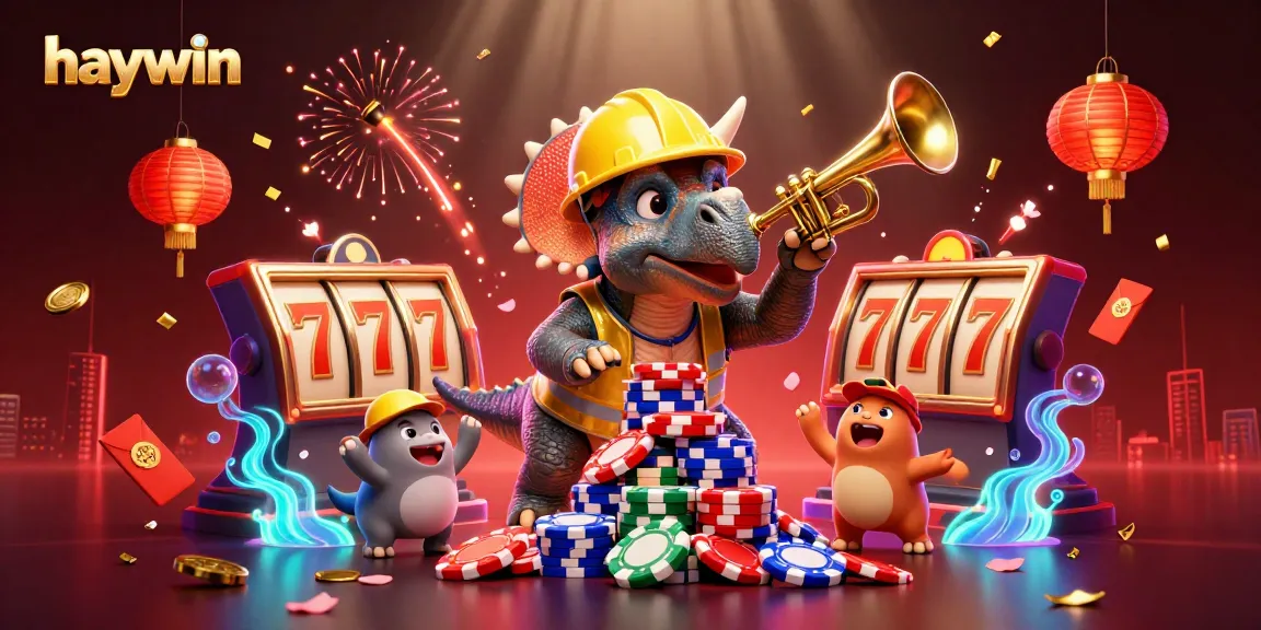 haywin showcases a vibrant casino scene with a triceratops building poker chip pyramids.